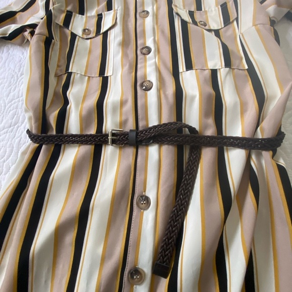 NY Collection Taupe and Navy Striped Long Sleeve Dress Business Casual, Classic - Picture 8 of 12